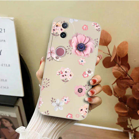 Vivo V50 Cover - Off White - D2 - ONation Nature Floral Series - HQ Liquid Silicone Soft Case