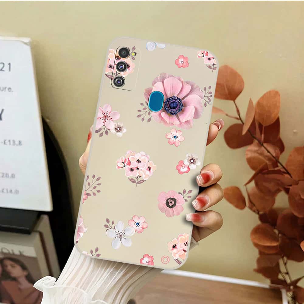 Samsung Galaxy M21 Cover - Off White - D2 - ONation Nature Floral Series - HQ Liquid Silicone Soft Case