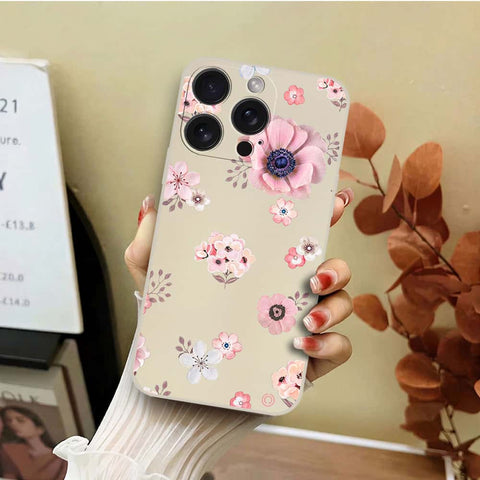 iPhone 15 Pro Cover - Off White - D2 - ONation Nature Floral Series - HQ Liquid Silicone Soft Case
