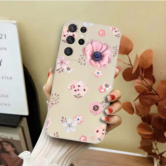Samsung Galaxy S21 Ultra 5G Cover - Off White - D2 - ONation Nature Floral Series - HQ Liquid Silicone Soft Case