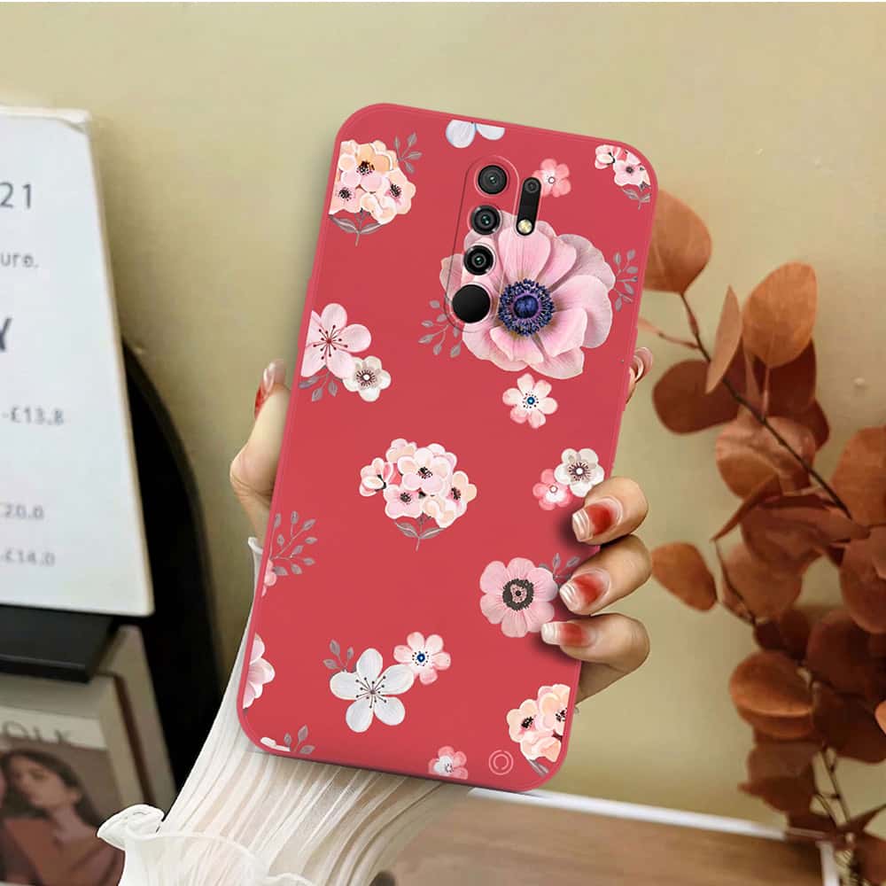 Xiaomi Redmi 9 Cover - Red - D2 - ONation Nature Floral Series - HQ Liquid Silicone Soft Case