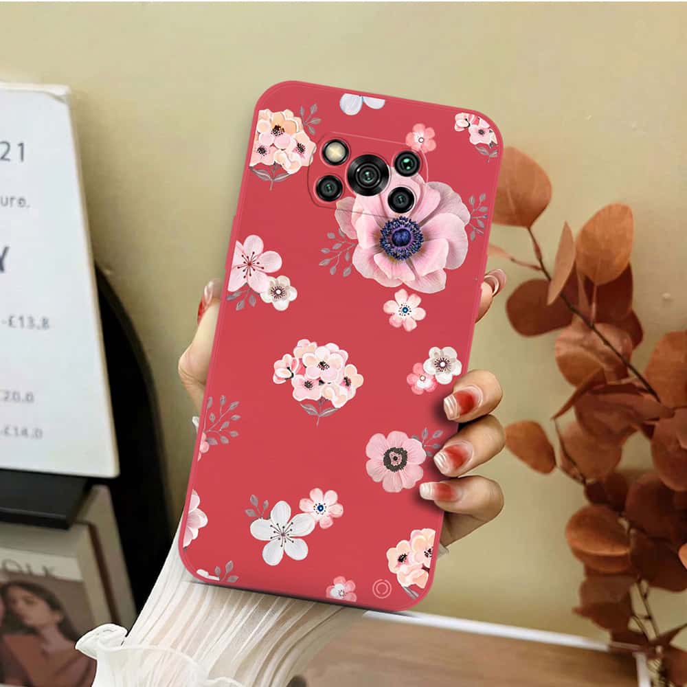 Xiaomi Poco X3 Cover - Red - D2 - ONation Nature Floral Series - HQ Liquid Silicone Soft Case