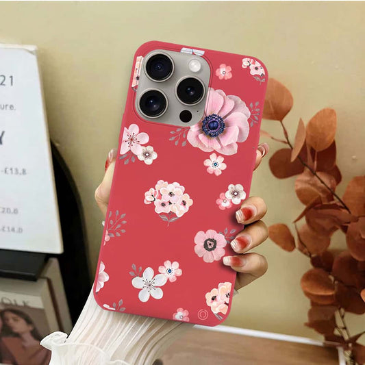 iPhone 15 Pro Max Cover - Red - D2 - ONation Nature Floral Series - HQ Liquid Silicone Soft Case