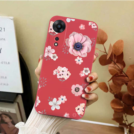 Oppo A58 4G Cover - Red - D2 - ONation Nature Floral Series - HQ Liquid Silicone Soft Case
