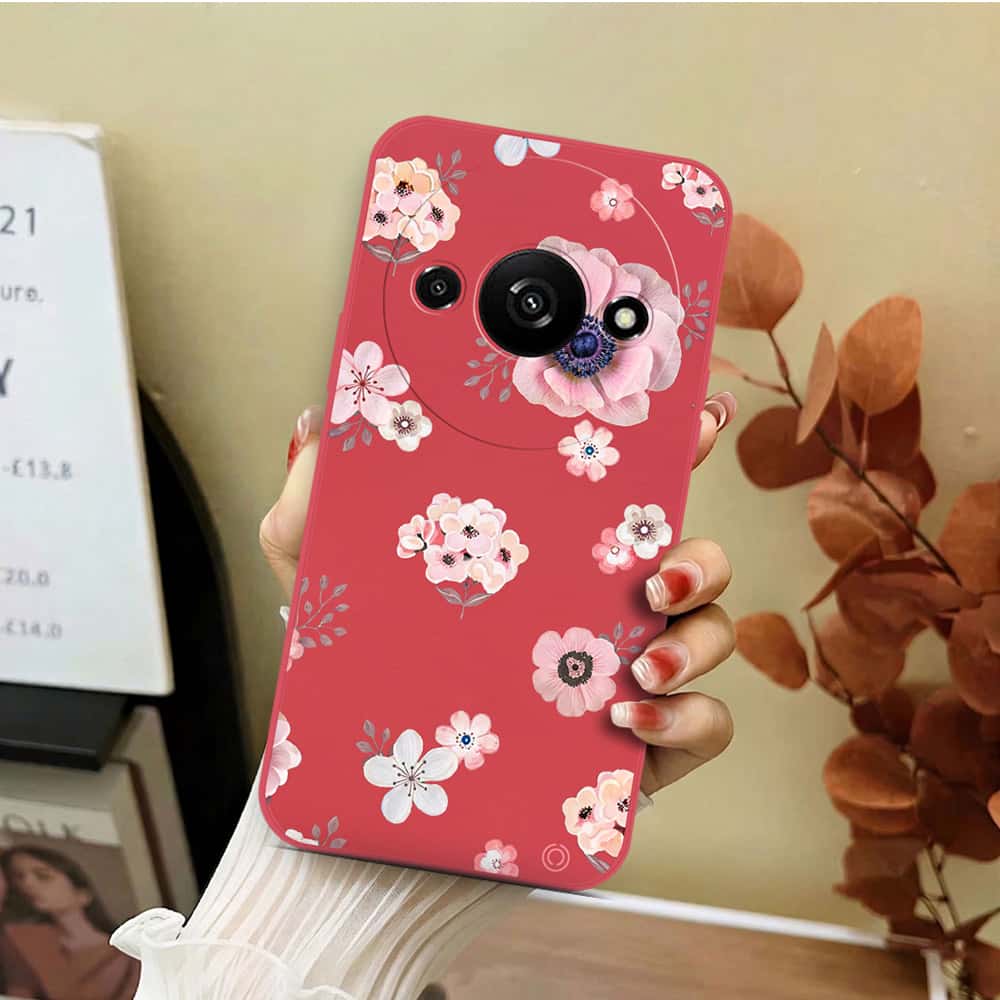Xiaomi Redmi A3 Cover - Red - D2 - ONation Nature Floral Series - HQ Liquid Silicone Soft Case