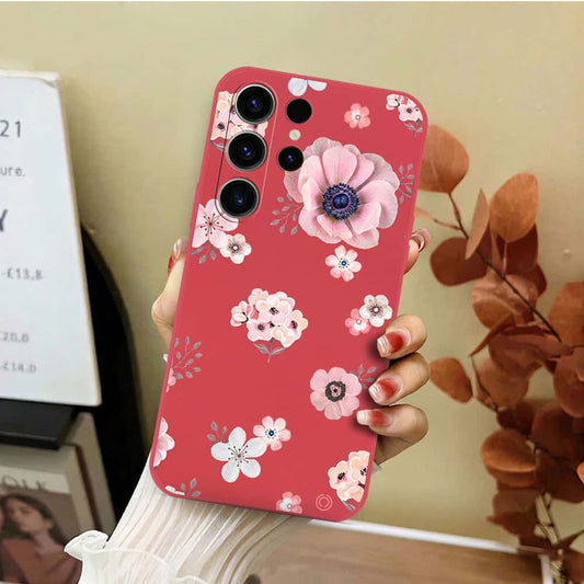 Samsung Galaxy S23 Ultra 5G Cover - Red - D2 - ONation Nature Floral Series - HQ Liquid Silicone Soft Case
