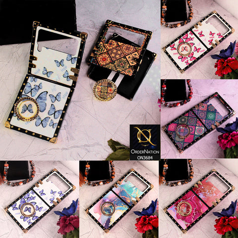 Realme 5 Cover - Design1 - Trendy Holographic Design Golden Square Case with Matching Bling Ring Holder