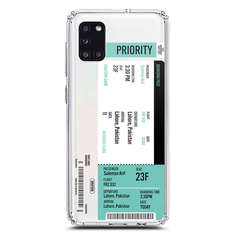Samsung Galaxy A31 Cover - Personalised Boarding Pass Ticket Series - Clear Phone Case - Soft Silicon Borders