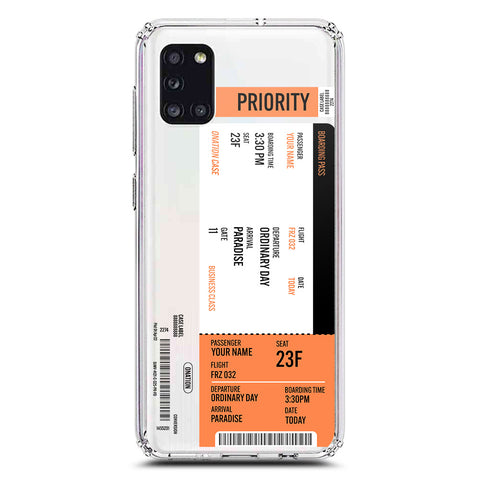 Samsung Galaxy A31 Cover - Personalised Boarding Pass Ticket Series - Clear Phone Case - Soft Silicon Borders