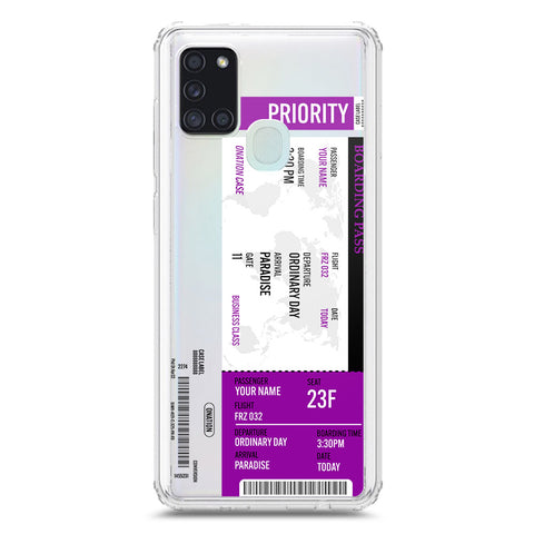 Samsung Galaxy A21s Cover - Personalised Boarding Pass Ticket Series - Clear Phone Case - Soft Silicon Borders