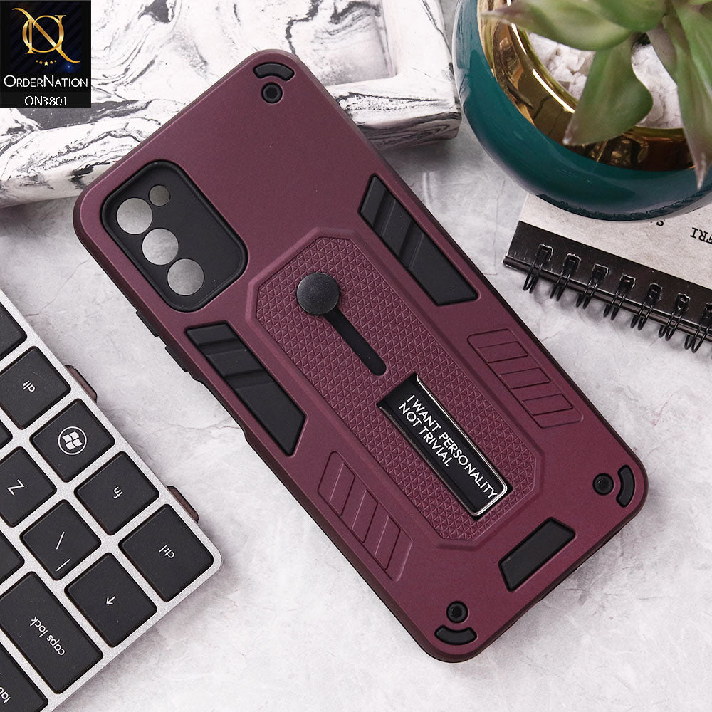 Samsung Galaxy M02s Cover - Burgundy - Hybrid Stylish Slide Finger Grip With Metal Kickstand Soft Borders Case