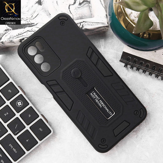 Oppo A16 Cover - Black - Hybrid Stylish Slide Finger Grip With Metal Kickstand Soft Borders Case