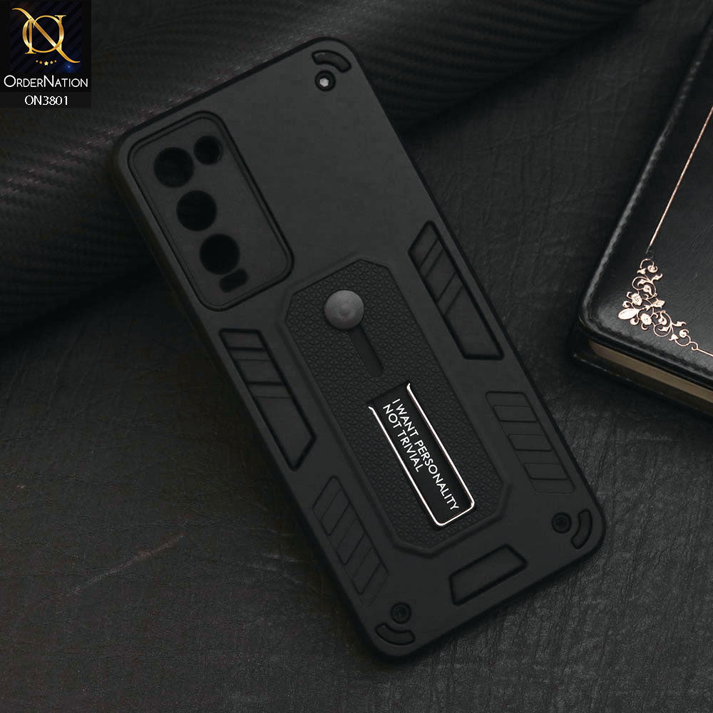Tecno Camon 18T Cover - Black - Hybrid Stylish Slide Finger Grip With Metal Kickstand Soft Borders Case