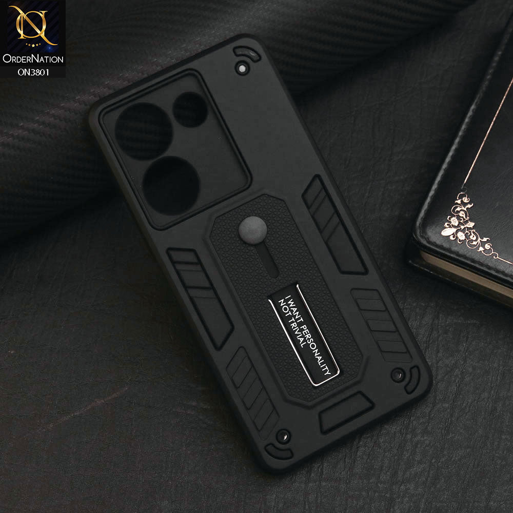 Tecno Camon 20 Cover - Black - Hybrid Stylish Slide Finger Grip With Metal Kickstand Soft Borders Case