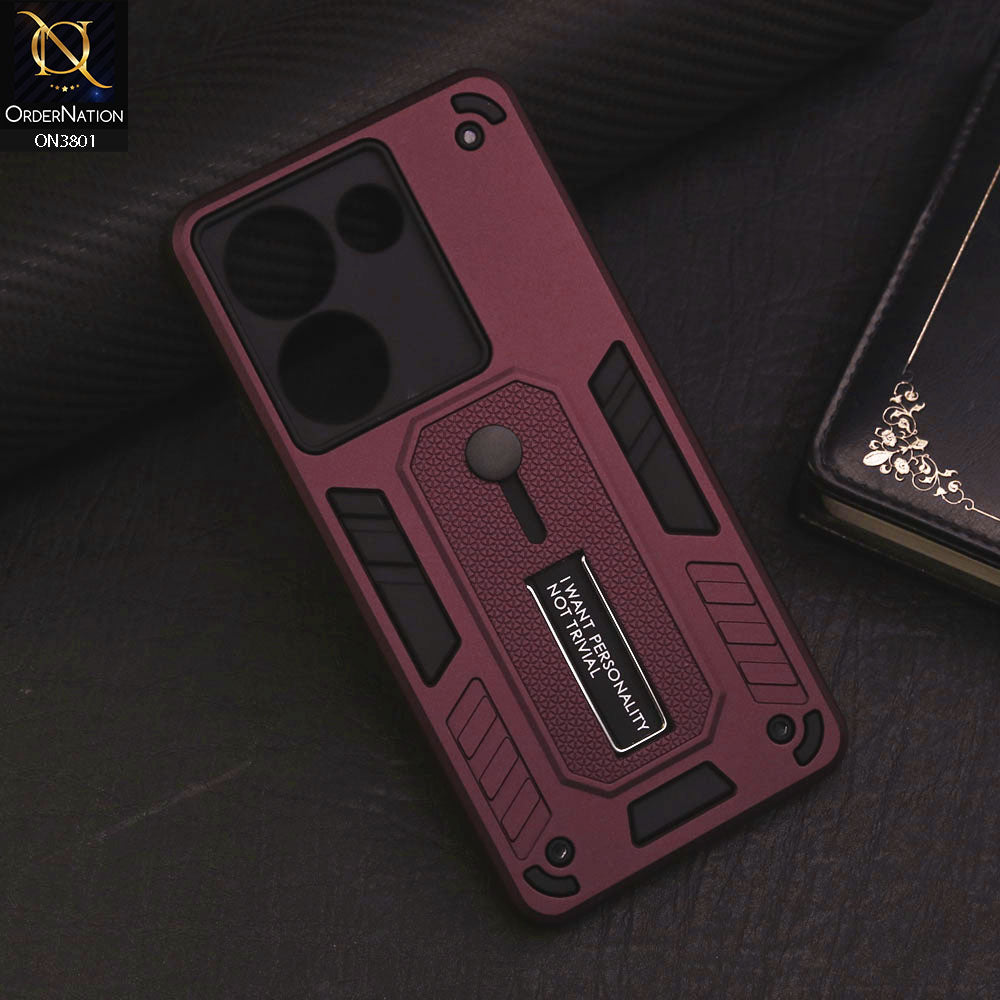 Tecno Camon 20 Pro Cover - Burgundy - Hybrid Stylish Slide Finger Grip With Metal Kickstand Soft Borders Case