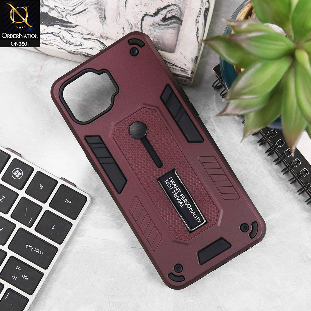 Oppo F17 Pro Cover - Burgundy - Hybrid Stylish Slide Finger Grip With Metal Kickstand Soft Borders Case