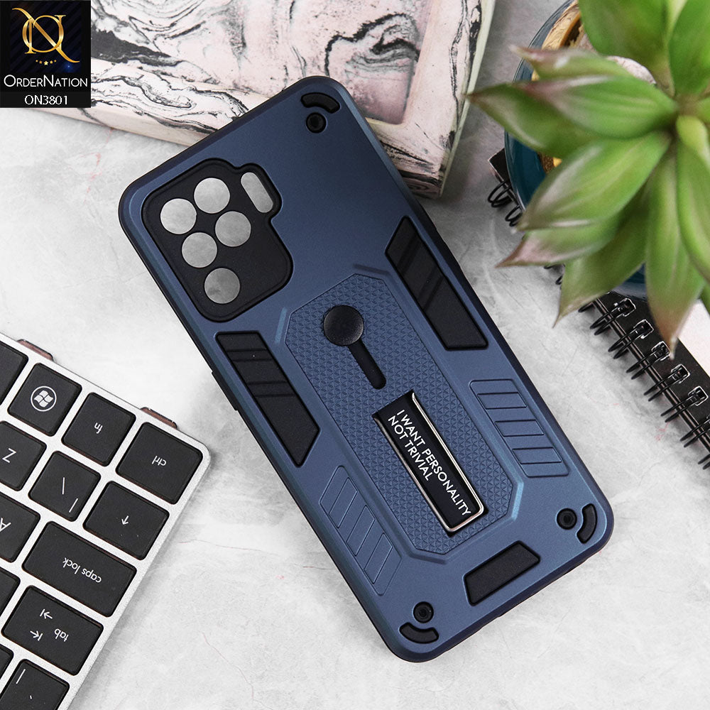 Oppo Reno 5 Lite Cover - Midnight Blue - Hybrid Stylish Slide Finger Grip With Metal Kickstand Soft Borders Case