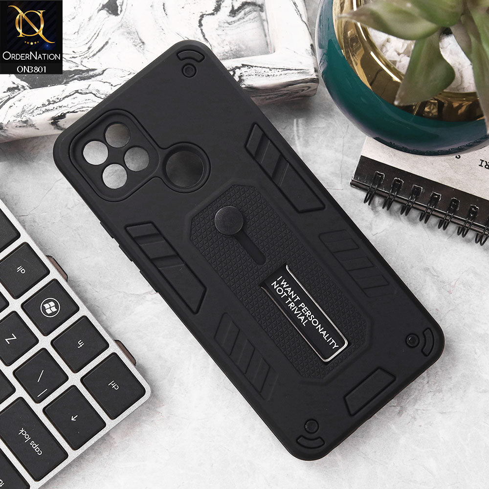 Oppo A35 Cover - Black - Hybrid Stylish Slide Finger Grip With Metal Kickstand Soft Borders Case