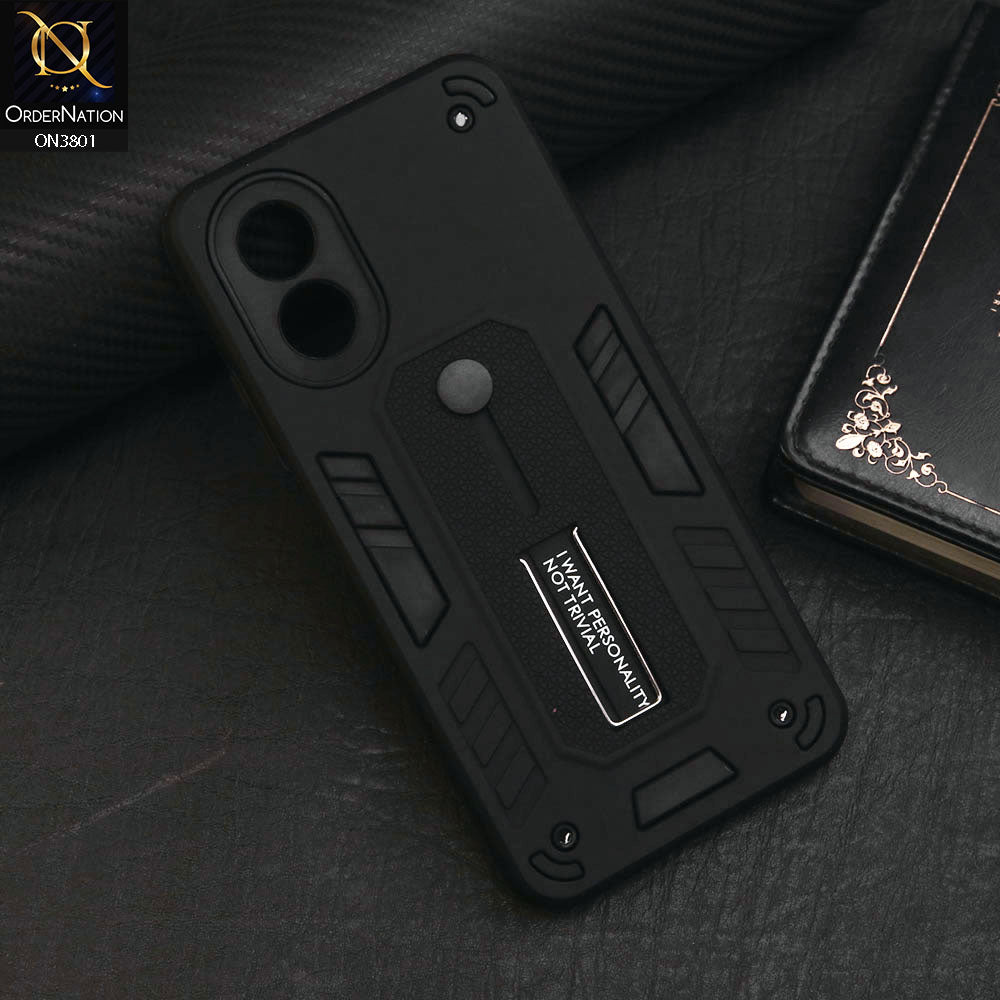 Oppo A18 Cover - Black - Hybrid Stylish Slide Finger Grip With Metal Kickstand Soft Borders Case