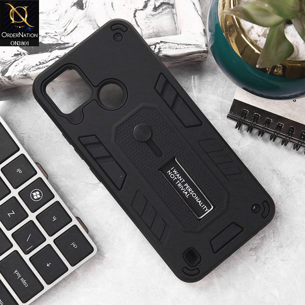 Realme C25Y Cover - Black - Hybrid Stylish Slide Finger Grip With Metal Kickstand Soft Borders Case