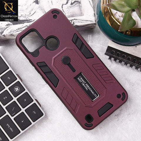 Realme C21Y Cover - Burgundy - Hybrid Stylish Slide Finger Grip With Metal Kickstand Soft Borders Case