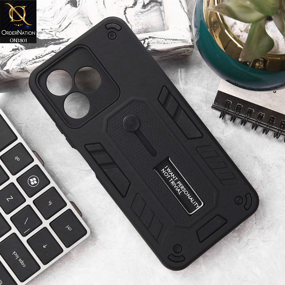 Realme Note 50 Cover - Black - Hybrid Stylish Slide Finger Grip With Metal Kickstand Soft Borders Case