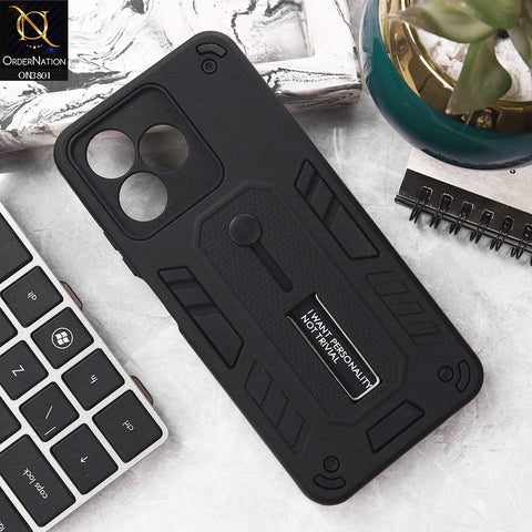 Realme Note 50 Cover - Black - Hybrid Stylish Slide Finger Grip With Metal Kickstand Soft Borders Case