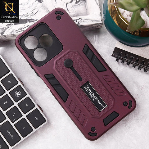 Realme C53 Cover - Burgundy - Hybrid Stylish Slide Finger Grip With Metal Kickstand Soft Borders Case