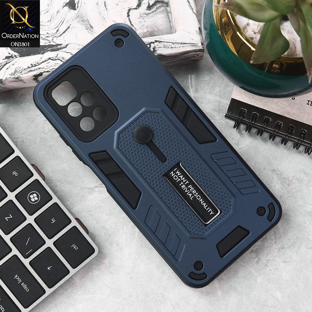 Xiaomi Redmi 10 Cover - Midnight Blue - Hybrid Stylish Slide Finger Grip With Metal Kickstand Soft Borders Case