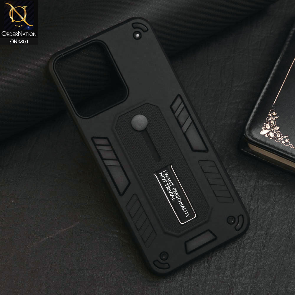 Xiaomi Redmi 12 Cover - Black - Hybrid Stylish Slide Finger Grip With Metal Kickstand Soft Borders Case