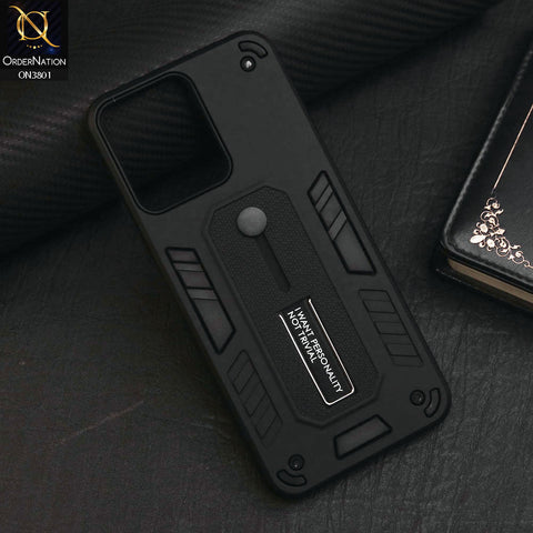Xiaomi Redmi 12 Cover - Black - Hybrid Stylish Slide Finger Grip With Metal Kickstand Soft Borders Case