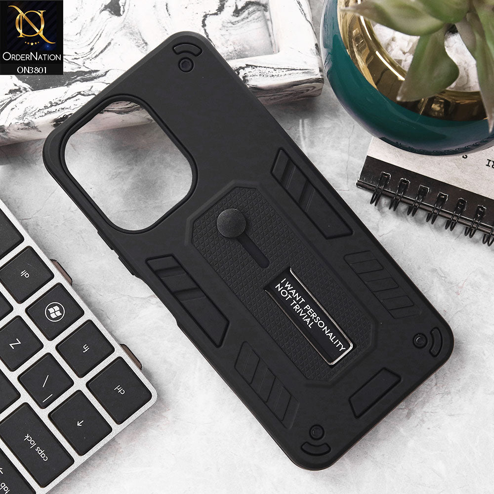 Xiaomi Poco C65 Cover - Black - Hybrid Stylish Slide Finger Grip With Metal Kickstand Soft Borders Case