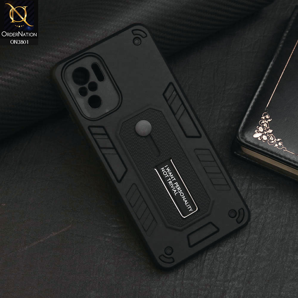 Xiaomi Redmi Note 10S Cover - Black - Hybrid Stylish Slide Finger Grip With Metal Kickstand Soft Borders Case