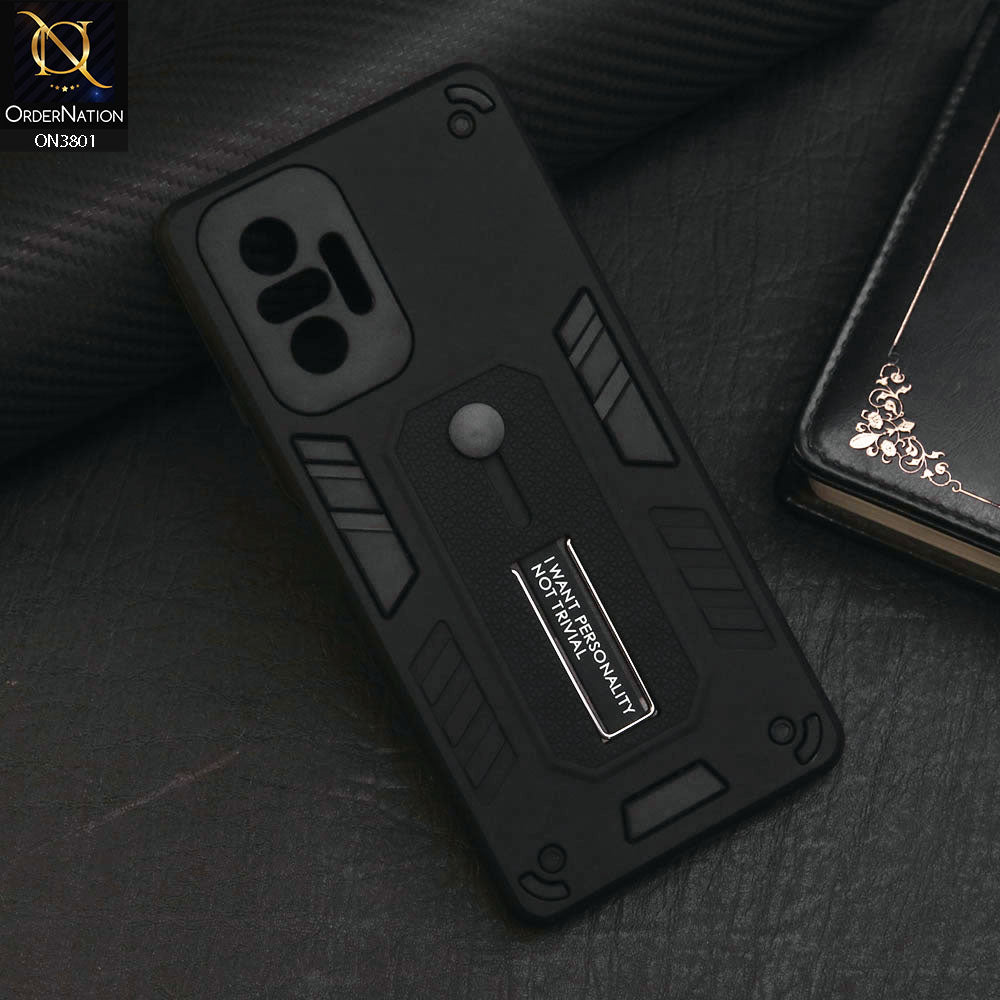 Xiaomi Redmi Note 10 Pro 4G Cover - Black - Hybrid Stylish Slide Finger Grip With Metal Kickstand Soft Borders Case