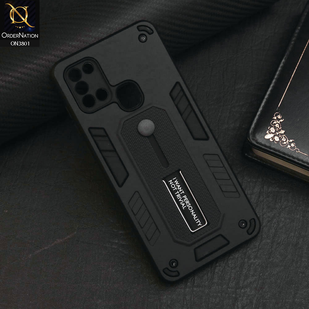 Samsung Galaxy A21s Cover - Black - Hybrid Stylish Slide Finger Grip With Metal Kickstand Soft Borders Case