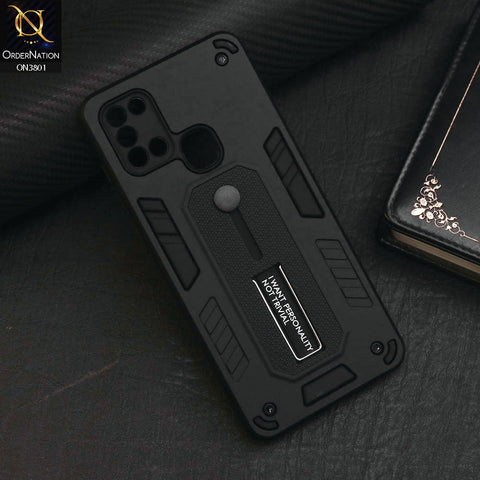 Samsung Galaxy A21s Cover - Black - Hybrid Stylish Slide Finger Grip With Metal Kickstand Soft Borders Case