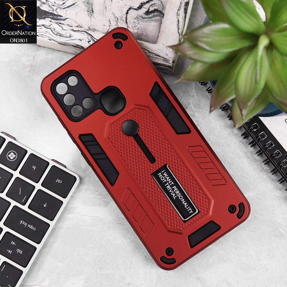 Samsung Galaxy A21s Cover - Red - Hybrid Stylish Slide Finger Grip With Metal Kickstand Soft Borders Case