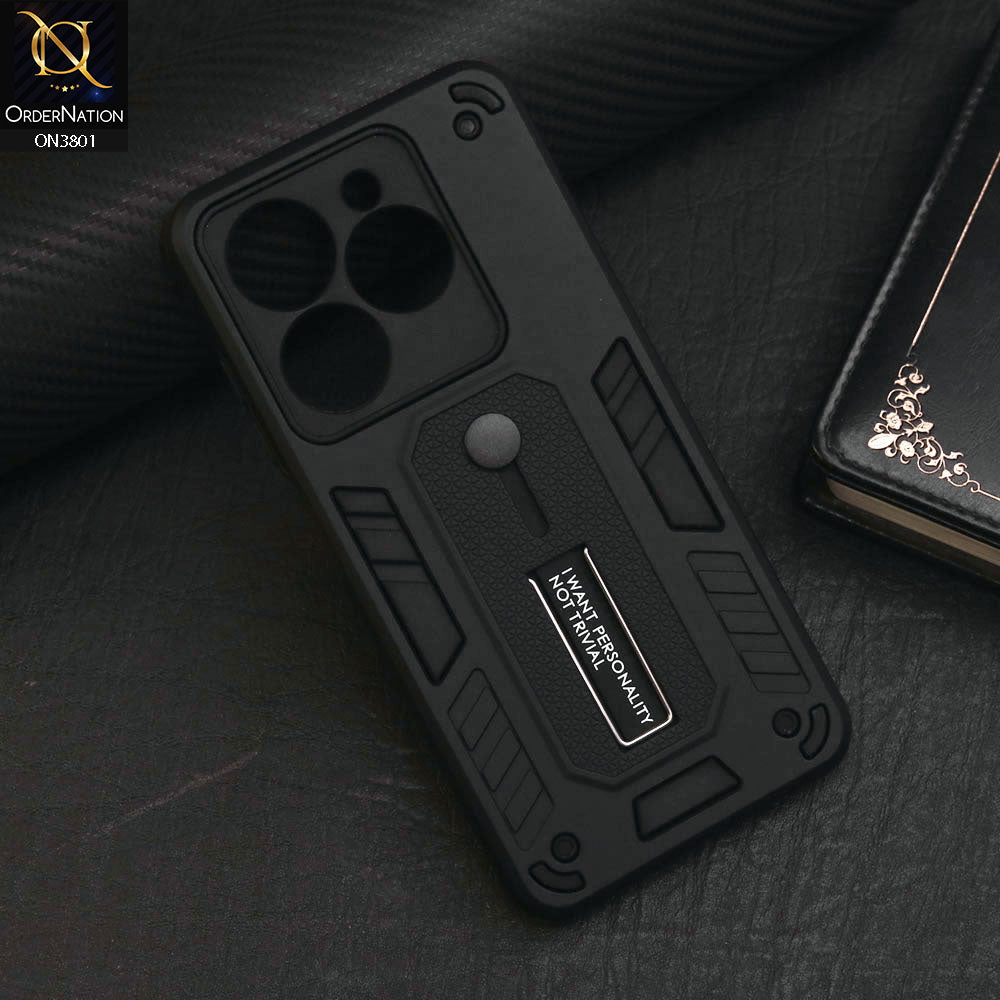 Itel P55 4G Cover - Black - Hybrid Stylish Slide Finger Grip With Metal Kickstand Soft Borders Case