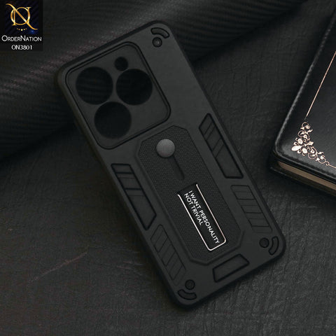 Itel P55 4G Cover - Black - Hybrid Stylish Slide Finger Grip With Metal Kickstand Soft Borders Case