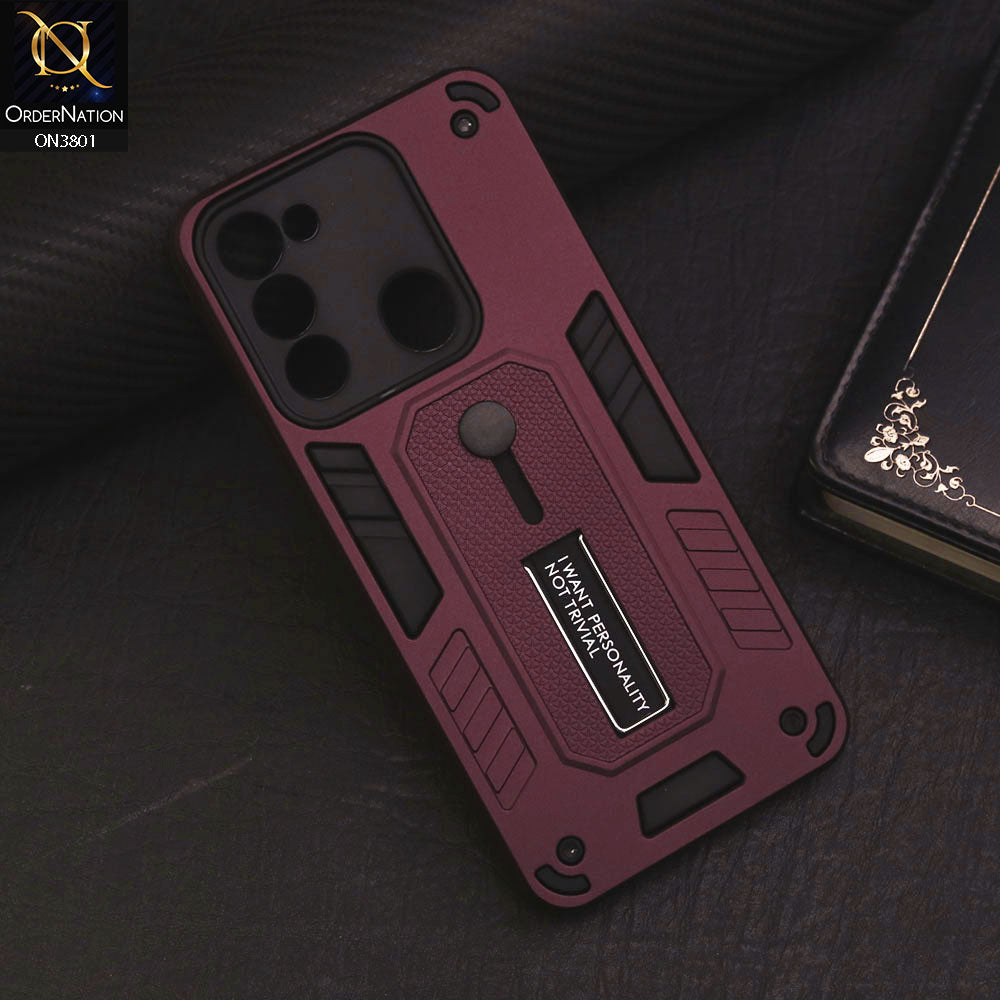 Tecno Spark 9 Cover - Burgundy - Hybrid Stylish Slide Finger Grip With Metal Kickstand Soft Borders Case
