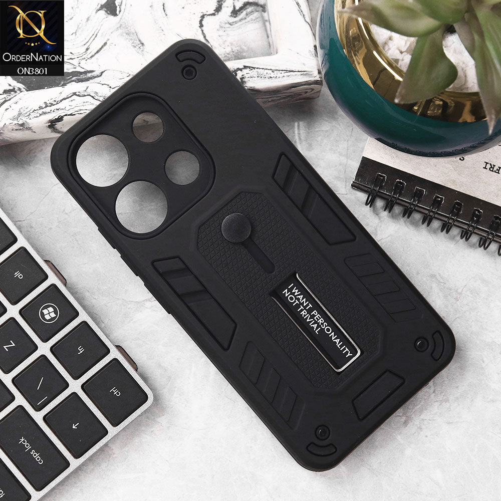 Tecno Pop 7 Cover - Black - Hybrid Stylish Slide Finger Grip With Metal Kickstand Soft Borders Case