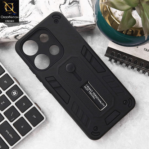 Tecno Pop 7 Cover - Black - Hybrid Stylish Slide Finger Grip With Metal Kickstand Soft Borders Case