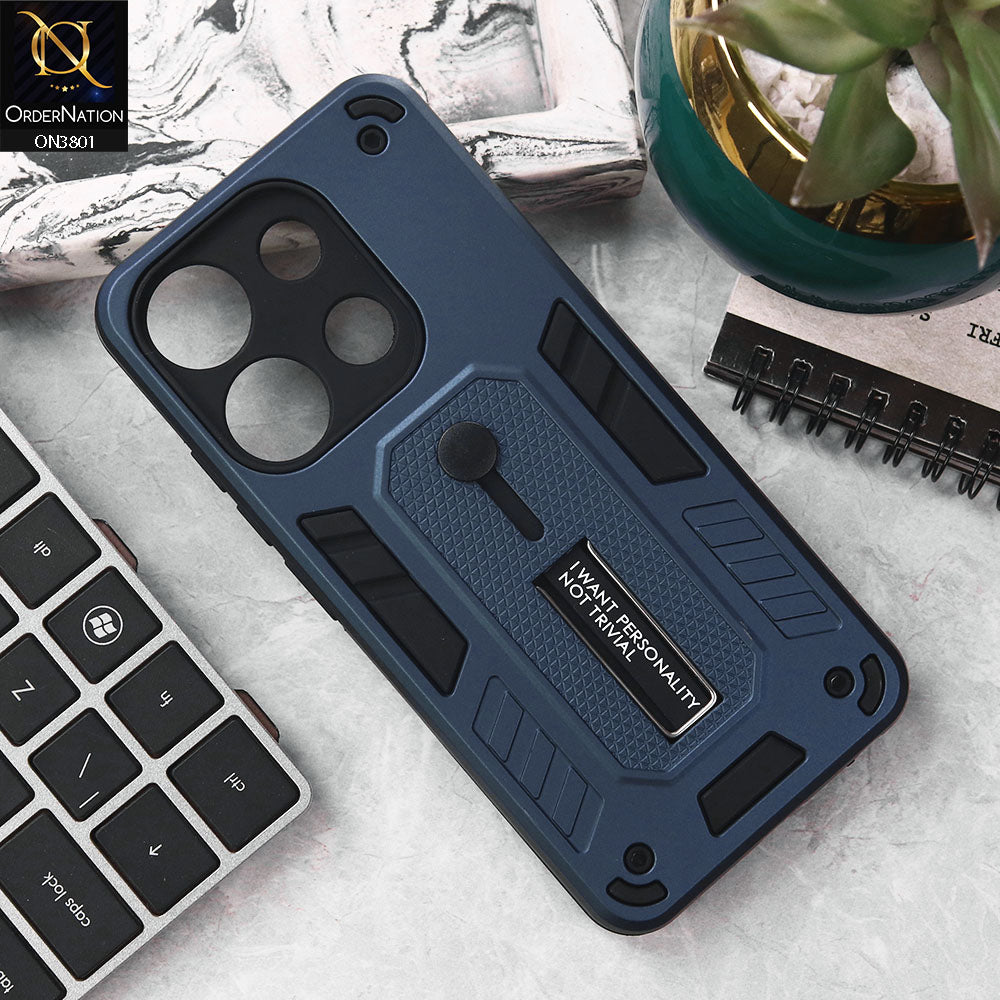 Tecno Pop 7 Pro Cover - Midnight Blue - Hybrid Stylish Slide Finger Grip With Metal Kickstand Soft Borders Case