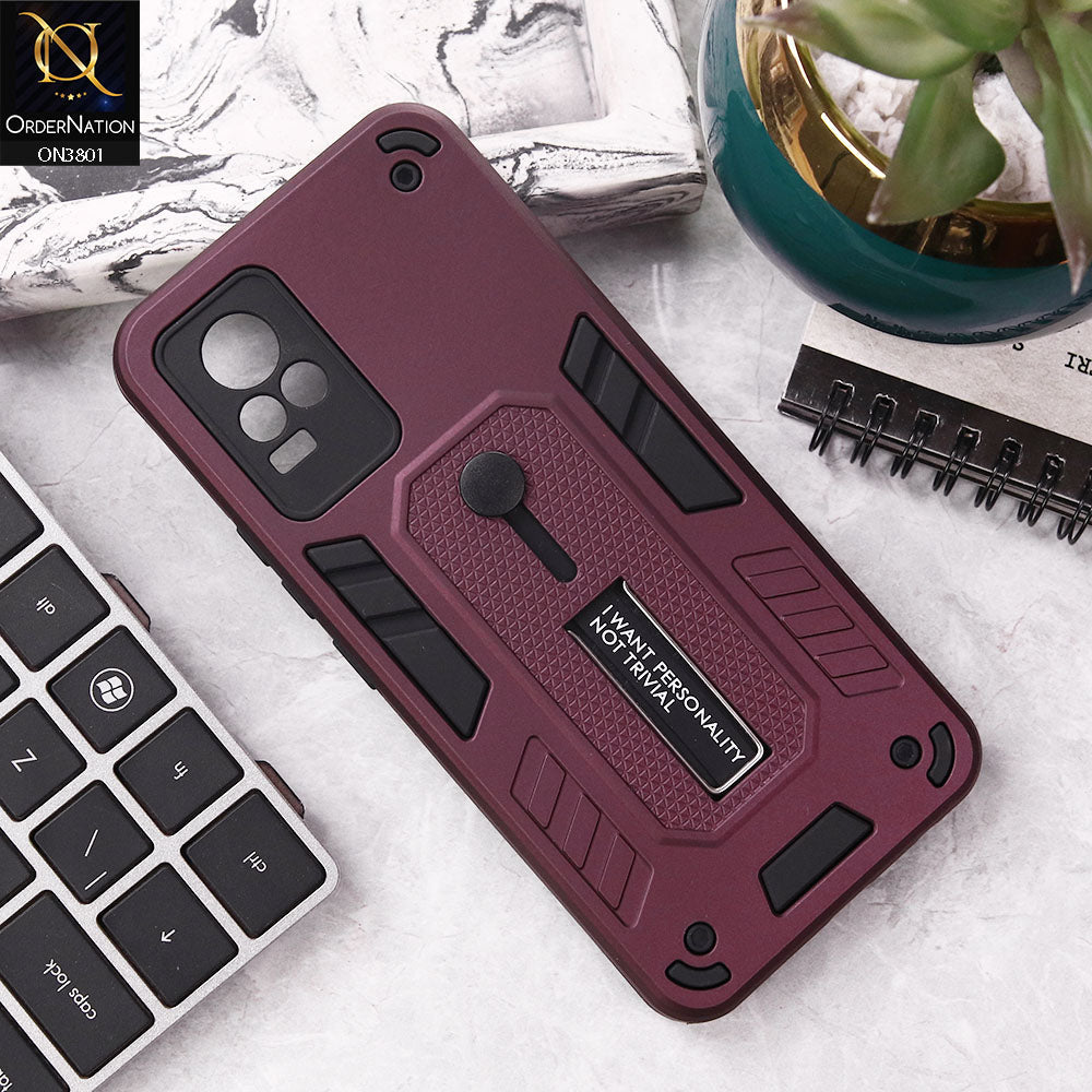Vivo Y73 Cover - Burgundy - Hybrid Stylish Slide Finger Grip With Metal Kickstand Soft Borders Case