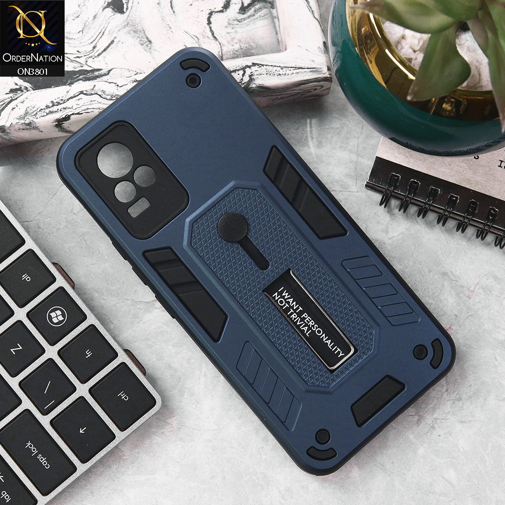 Vivo Y73 Cover - Midnight Blue - Hybrid Stylish Slide Finger Grip With Metal Kickstand Soft Borders Case