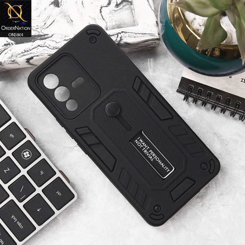 Vivo V23 5G Cover - Black - Hybrid Stylish Slide Finger Grip With Metal Kickstand Soft Borders Case