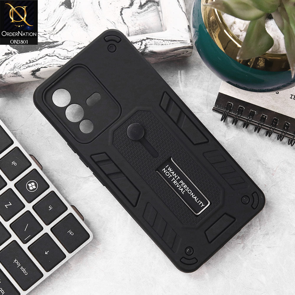 Vivo S12 Cover - Black - Hybrid Stylish Slide Finger Grip With Metal Kickstand Soft Borders Case