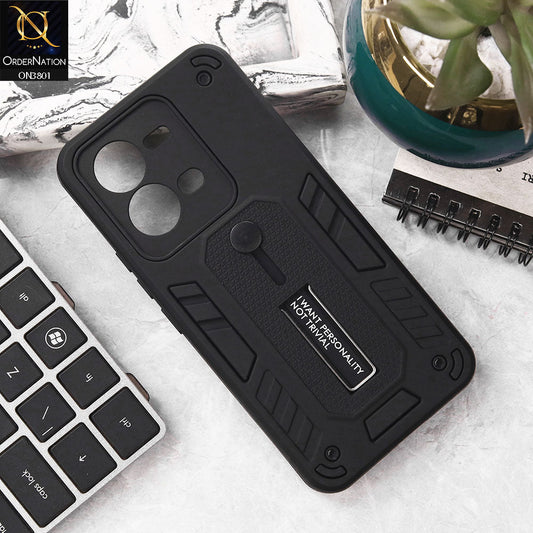 Vivo V25 5G Cover - Black - Hybrid Stylish Slide Finger Grip With Metal Kickstand Soft Borders Case