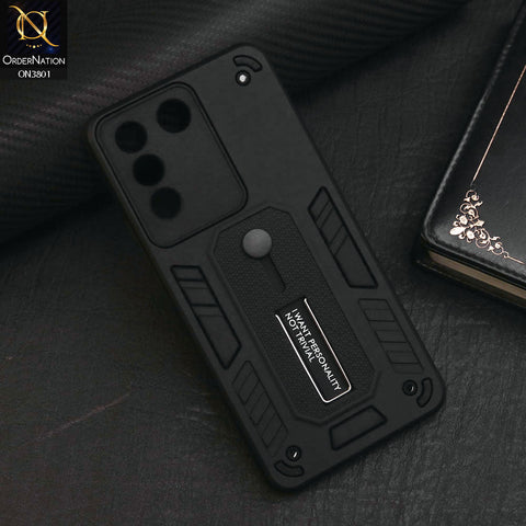 Vivo V27e Cover - Black - Hybrid Stylish Slide Finger Grip With Metal Kickstand Soft Borders Case