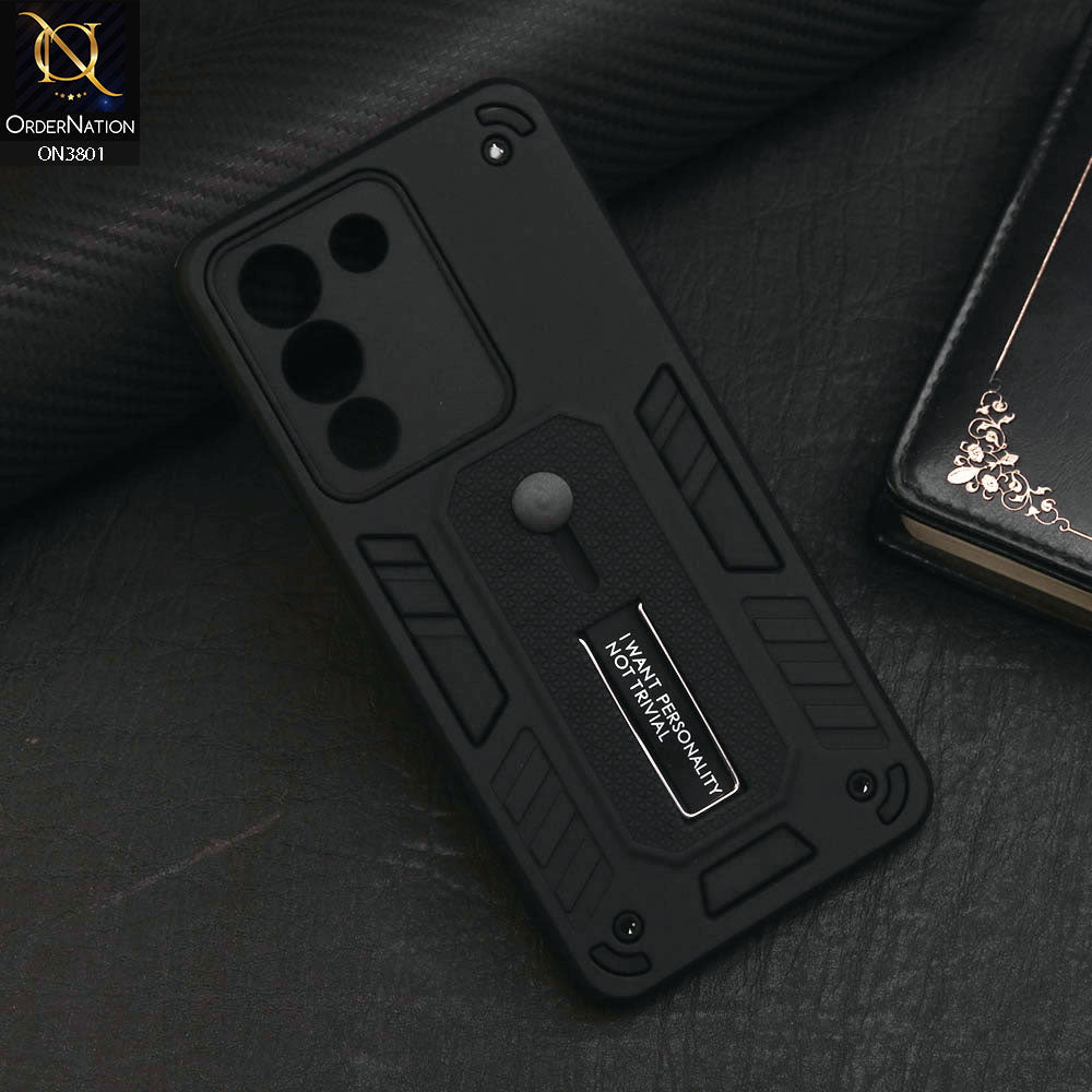 Vivo V29e Cover - Black - Hybrid Stylish Slide Finger Grip With Metal Kickstand Soft Borders Case